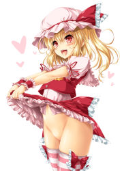 Rule 34 | 1girl, ascot, bat wings, blonde hair, blush, bow, clothes lift, cowboy shot, crystal, fang, flandre scarlet, frilled shirt, frilled shirt collar, frilled skirt, frilled sleeves, frills, hat, hat ribbon, highres, kamiya tomoe, lifted by self, miniskirt, mob cap, no panties, one side up, panties, puffy short sleeves, puffy sleeves, red bow, red eyes, red ribbon, red skirt, red vest, ribbon, shirt, short hair, short sleeves, siblings, side ponytail, skirt, skirt lift, skirt set, striped clothes, striped thighhighs, thighhighs, touhou, underwear, vertical-striped clothes, vertical-striped thighhighs, vest, white panties, white shirt, wings, yellow ascot