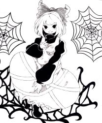 Rule 34 | 1girl, commentary request, greyscale, hair ornament, hair ribbon, hanokami, high contrast, highres, kurodani yamame, long sleeves, looking up, medium hair, monochrome, ribbon, silk, simple background, solo, spider web, touhou, white background