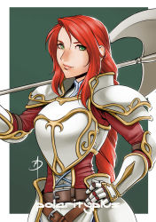 Rule 34 | 1girl, armor, axe, battle axe, braid, breastplate, corset, faulds, fire emblem, fire emblem: path of radiance, full armor, gauntlets, green eyes, halberd, lips, long hair, nintendo, out of frame, outside border, over shoulder, pauldrons, polarityplus, polearm, red hair, shoulder armor, shoulder pads, smile, solo, titania (fire emblem), upper body, weapon, weapon over shoulder