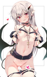 Rule 34 | 1girl, absurdres, aftersex, bikini, bikini pull, bikini top lift, black bikini, black gloves, blush, breasts, bridal gauntlets, cleft of venus, clothes lift, clothes pull, cum, cum in pussy, cum on panties, cumdrip, cumdrip onto panties, demon girl, demon tail, demon wings, gloves, gluteal fold, grabbing own breast, groin, hand on breast, heart, highres, jewelry, long hair, navel, necklace, nipple stimulation, nipple tweak, nipples, open mouth, original, panties, pointy ears, pussy, red eyes, silver hair, slit pupils, small breasts, smile, swimsuit, tail, thigh gap, thigh strap, thighs, toshizou (0714), tweaking own nipple, uncensored, underwear, wings