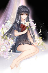 Rule 34 | 1girl, barefoot, black background, black hair, black skirt, breasts, collarbone, commentary request, floral background, flower, full body, gekka nanako, highres, holding, holding flower, light frown, light particles, lily (flower), long hair, looking at viewer, miniskirt, neckerchief, original, pleated skirt, red eyes, red neckerchief, sailor collar, school uniform, serafuku, short sleeves, skirt, small breasts, solo, straight hair, very long hair, white sailor collar, wind