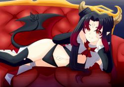 Rule 34 | 1girl, absurdres, asymmetrical legwear, bandages, black hair, black panties, blush, commission, couch, demon girl, demon horns, demon wings, dress, ears, halo, hand on own face, hands on own face, highres, horns, idol corp, indoors, lily sin, long hair, looking at viewer, mikedrawart, multicolored hair, navel, orange eyes, panties, pointy ears, stomach, underwear, virtual youtuber, wallpaper, wings