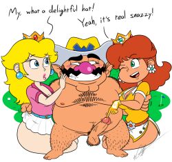 Rule 34 | 1boy, 2girls, blonde hair, blue eyes, blush, breasts, brown hair, cleavage, clothed female nude male, clothes lift, cowboy hat, crown, earrings, facial hair, fat, fat man, gloves, hat, highres, jewelry, large breasts, male focus, mario (series), mario golf, mario golf: super rush, multiple girls, mustache, nintendo, nude, one eye closed, penis, princess daisy, princess peach, size difference, skirt, skirt lift, smile, star-shaped pupils, star (symbol), symbol-shaped pupils, timotehiv, ugly man, wario, wink