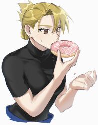 Rule 34 | 1girl, absurdres, black shirt, blonde hair, breasts, brown eyes, cropped torso, doughnut, ear piercing, eating, folded ponytail, food, fullmetal alchemist, hands up, highres, holding, holding food, large breasts, ozaki (tsukiko3), piercing, riza hawkeye, shirt, simple background, solo, sweatdrop, upper body, white background