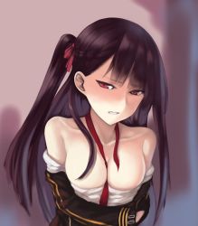 Rule 34 | 1girl, bare shoulders, black hair, blunt bangs, blush, bow, braid, breasts, cleavage, collarbone, embarrassed, girls&#039; frontline, hair bow, highres, jacket, lanse dai mao, long hair, looking at viewer, red bow, red eyes, side ponytail, solo, upper body, wa2000 (girls&#039; frontline)