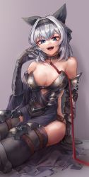 Rule 34 | 1girl, :d, absurdres, armor, armored dress, bare shoulders, black gloves, blue eyes, bow, breasts, cleavage, collar, commission, cosplay, dainillust, dress, elbow gloves, eyebrows hidden by hair, fangs, girls&#039; frontline, gloves, grey background, hair bow, hairband, highres, leash, looking at viewer, medium breasts, medium hair, no panties, open mouth, original, pelvic curtain, revealing clothes, second-party source, silver hair, simple background, single vambrace, sitting, smile, solo, teeth, thigh strap, thighhighs, tokarev (griffin&#039;s dancer) (girls&#039; frontline), tokarev (griffin&#039;s dancer) (girls&#039; frontline) (cosplay), upper teeth only, vambraces