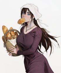 Rule 34 | 1girl, bad id, bad instagram id, baguette, basket, blue eyes, bread, bread slice, breasts, brown hair, collarbone, cowboy shot, dongho kang, dress, food, food in mouth, hair between eyes, holding, holding basket, jewelry, large breasts, long hair, looking at viewer, mouth hold, necklace, original, red dress, solo, toast, toast in mouth, white headwear