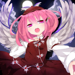 Rule 34 | 1girl, animal ears, dress, earrings, female focus, full moon, hand on another&#039;s chest, hand on own chest, hat, jewelry, moon, music, mystia lorelei, nail polish, night, pink eyes, pink hair, purple eyes, singing, solo, tears, touhou, tsukikusa, upper body, wings