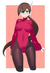 Rule 34 | 1girl, aile (mega man zx), android, blush, bodystocking, breasts, brown hair, closed mouth, gloves, green eyes, hair between eyes, highres, leotard, long hair, looking at viewer, mega man (series), mega man zx, mega man zx advent, pantyhose, pink background, ponytail, robot ears, simple background, smile, solo, sweater, thighs, ukimukai, wide hips