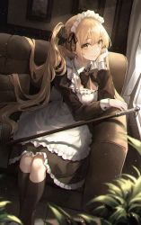 Rule 34 | 1girl, absurdres, black neckwear, black socks, blonde hair, cane, couch, dress, dutch angle, eyes visible through hair, hand on own cheek, hand on own face, highres, kneehighs, looking at viewer, maid, maid headdress, original, picture frame, plant, socks, solo, twintails, yellow eyes, yohaku