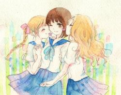 Rule 34 | 3girls, blue reflection (series), blue reflection maboroshi ni mau shoujo no ken, kiss, multiple girls, shijou raimu, shijou yuzuki, shirai hinako, smile, yuri