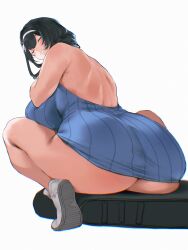 Rule 34 | 1girl, absurdres, ass, black hair, blue dress, blush, breasts, closed eyes, dress, from behind, goddess of victory: nikke, grin, hairband, highres, huge ass, huge breasts, long hair, looking at viewer, looking back, mary (nikke), ribbed sweater, rowkiba, simple background, sitting, smile, solo, squatting, sweater, sweater dress, tiptoes, white background, white hairband