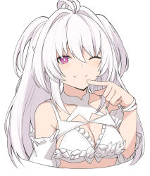 Rule 34 | 1girl, ahoge, bare shoulders, bikini, blush, breasts, cleavage, collarbone, eyes visible through hair, fate/grand order, fate/prototype, fate (series), lady avalon (fate), lady avalon (second ascension) (fate), long hair, looking at viewer, medium breasts, merlin (fate/prototype), one eye closed, purple eyes, shiseki hirame, smile, solo, swimsuit, very long hair, white background, white bikini, white hair