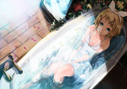 Rule 34 | 1girl, bare legs, bare shoulders, bathtub, blonde hair, blue eyes, collarbone, dress, hair ornament, hair ribbon, hairband, hairclip, kagamine rin, looking at viewer, looking up, mille (dieci), mirre, petals, ribbon, shade, sitting, solo, submerged, sundress, v arms, vocaloid, water, wet, wet clothes