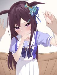 Rule 34 | 1girl, absurdres, against wall, black hair, blush, breasts, commentary request, hair ornament, hairclip, highres, horse girl, kabedon, looking at viewer, medium breasts, mejiro dober (umamusume), pov, pov hands, purple eyes, school uniform, solo focus, tracen school uniform, umamusume, wall, zeatto