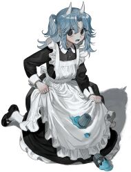 Rule 34 | 1girl, @ @, apron, black eyes, blue hair, blue tongue, blush, collared dress, colored tongue, commentary, crying, cupcake, demon girl, demon horns, dress, fang, food, frilled apron, frilled dress, frills, frost fog, highres, horns, icing, kneeling, long hair, long sleeves, maid, open mouth, original, parted bangs, ringed eyes, skirt hold, socks, solo, sweat, symbol-only commentary, tears, two side up