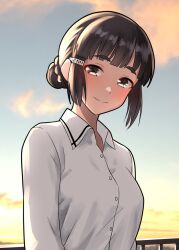 Rule 34 | 1girl, black hair, blush, brown eyes, buttons, closed mouth, collared shirt, furaggu (frag 0416), highres, kantai collection, long sleeves, looking at viewer, myoukou (kancolle), shirt, short hair, smile, solo, upper body, white shirt
