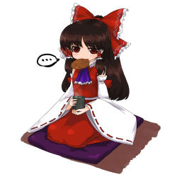 Rule 34 | 1girl, bad id, bad pixiv id, cookie, cup, eating, female focus, food, hakurei reimu, japanese clothes, kneeling, ktsecond, miko, mouth hold, phantasmagoria of flower view, seiza, simple background, sitting, solo, tea, touhou, white background, yunomi