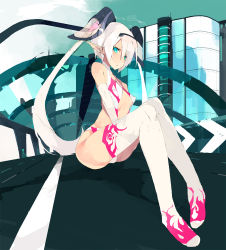 Rule 34 | animal ears, blue eyes, brws, detached sleeves, elbow gloves, gloves, legs, long hair, original, pointy ears, rabbit ears, solo, thighhighs, twintails, white hair