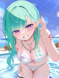 Rule 34 | 1girl, absurdres, arm tattoo, bikini, blue sky, blurry, blurry foreground, blush, breasts, chain, chain necklace, character name, cleavage, cloud, cross-laced bikini, cross-laced clothes, ear piercing, earrings, eishi kurumi, eyeshadow, floral print, foreshortening, green hair, grin, hair behind ear, hand on own hip, heart, heart earrings, highres, jewelry, large breasts, leaning forward, lens flare, light rays, looking at viewer, makeup, necklace, ocean, piercing, purple eyes, purple eyeshadow, red nails, sky, smile, solo, swimsuit, tattoo, thigh strap, tucking hair, virtual youtuber, vspo!, wading, water, white bikini, yakumo beni