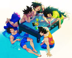 Rule 34 | 5boys, bag of chips, bardock, black hair, black male underwear, blue pants, blue shorts, blue tank top, boxer briefs, can, closed eyes, closed mouth, dragon ball, dragonball z, drink can, facial scar, food, green shirt, green tank top, headband, highres, holding, holding can, holding phone, jewelry, kakipiinu, large pectorals, long hair, looking at another, looking at phone, lying, male focus, male underwear, multiple boys, muscular, muscular male, necklace, on back, open mouth, orange tank top, pants, pectorals, phone, pillow, raditz, red headband, scar, scar on cheek, scar on face, shirt, short hair, shorts, sitting, sleeping, smile, soda can, son goku, spiked hair, table, tank top, tullece, underwear, vegeta