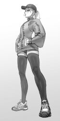Rule 34 | 1girl, absurdres, bad id, bad twitter id, baseball cap, blowing bubbles, chewing gum, closed mouth, from side, full body, grey background, greyscale, hands in pockets, hat, highres, jacket, long sleeves, monochrome, original, panties, pantyshot, ponytail, shoes, simple background, skindentation, sneakers, solo, thighhighs, underwear, wass nonnam