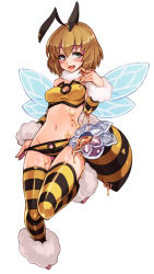 Rule 34 | 1girl, :d, absurdres, antennae, arthropod girl, bee girl, blush, brown hair, covered erect nipples, full body, grey eyes, highres, honey, honey bee (monster girl encyclopedia), insect girl, kenkou cross, looking at viewer, monster girl, monster girl encyclopedia, navel, official art, open mouth, panties, panty pull, short hair, simple background, smile, solo, standing, standing on one leg, striped clothes, striped panties, striped thighhighs, thighhighs, underwear, white background, wristband