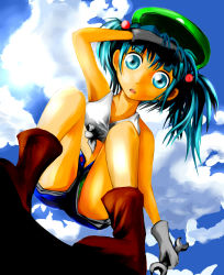 Rule 34 | 1girl, female focus, front-tie top, gloves, hat, highres, kawashiro nitori, midriff, okapachi, shirt, shoes, short twintails, solo, tied shirt, touhou, twintails, two side up, wrench