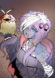Rule 34 | 1girl, absurdres, ajishio, antenna hair, bandages, bandage over one eye, bandaged arm, bandaged head, bandages, blonde hair, blood, blood on arm, blood on chest, blood in hair, blue skin, colored skin, commentary, dress, glowing, glowing eyes, hair ornament, halloween, hands up, highres, holding, hood, hoodie, jack-o&#039;-lantern, jack-o&#039;-lantern hair ornament, looking at viewer, one eye covered, open mouth, purple dress, purple eyes, purple hair, purple hoodie, ringed eyes, short hair with long locks, tongue, tongue out, tsurumaki maki, upper body, voiceroid, yuzuki yukari, zombie