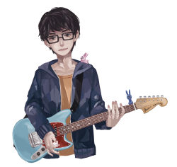 Rule 34 | 1boy, black-framed eyewear, black eyes, black hair, rabbit, commentary request, cos17mic, fender mustang, guitar, instrument, jacket, looking at viewer, male focus, music, playing instrument, plectrum, simple background, solanin, solo, taneda naruo, upper body, white background