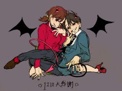 Rule 34 | 10s, 1boy, 1girl, bad id, bad pixiv id, black nails, brown eyes, brown hair, demon horns, demon tail, demon wings, evil grin, evil smile, fang, formal, grey background, grin, hair ribbon, hairband, hand on own face, high heels, horns, matsuno osomatsu, mojisan, mojisan (ebimo), nail polish, osomatsu-kun, osomatsu-san, red nails, ribbon, short twintails, simple background, skirt, smile, suit, tail, turtleneck, twintails, wings, yowai totoko