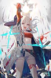 Rule 34 | 1girl, :d, :p, arknights, arm up, bandeau, braid, breasts, coat, collarbone, colored skin, commentary request, cowboy shot, earrings, highres, holding, horns, jewelry, ji mag (artist), long hair, long sleeves, looking at viewer, midriff, multicolored hair, navel, nian (arknights), open clothes, open coat, open mouth, purple eyes, red bandeau, red hair, red skin, shorts, small breasts, smile, solo, standing, stomach, strapless, streaked hair, teeth, tongue, tongue out, tube top, white coat, white hair, white shorts, wide sleeves