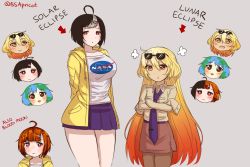 Rule 34 | 3girls, age progression, age regression, aged down, aged up, ahoge, alternate breast size, angry, breast expansion, bsapricot, cowboy shot, earth-chan, eclipse, eyewear on head, grey background, hair ornament, highres, long hair, lunar eclipse, miniskirt, moon-chan, multicolored hair, multiple girls, multiple persona, nasa logo, necktie, original, oversized clothes, pantyhose, pencil skirt, pout, raincoat, red eyes, short hair, simple background, skirt, solar eclipse, standing, sun-sensei, sunglasses, two-tone hair, very long hair