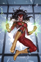 Rule 34 | 1girl, black hair, bodysuit, boots, broken glass, clenched hands, glass, gloves, highres, jessica drew, long hair, looking at viewer, magic, marvel, open mouth, red bodysuit, red mask, solo, spider-man (series), spider-woman, teeth, yellow footwear, yellow gloves, yoon junggeun