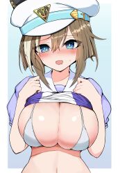 Rule 34 | absurdres, akizuki shigure, blue eyes, blush, bra, breasts, brown hair, cheval grand (umamusume), cleavage, clenched hands, clothes lift, commentary request, hair between eyes, hat, highres, horse girl, large breasts, looking at viewer, portrait, school uniform, shirt lift, simple background, sweat, tracen school uniform, umamusume, underwear