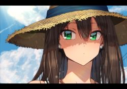 Rule 34 | 1girl, black hair, cloud, cloudy sky, comiket 94, commentary, day, earrings, erere, green eyes, hair between eyes, hat, idolmaster, idolmaster cinderella girls, jewelry, letterboxed, long hair, necklace, shibuya rin, sky, solo, straw hat