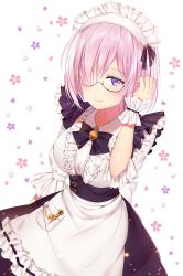 Rule 34 | 1girl, absurdres, alternate costume, apron, blush, closed mouth, dress, enmaided, fate/grand order, fate (series), frills, glasses, hair over one eye, highres, junpaku karen, light particles, lips, looking at viewer, maid, maid apron, maid headdress, mash kyrielight, one eye covered, puffy sleeves, purple eyes, purple hair, ribbon, short hair, short sleeves, solo, waist apron, white background, wrist cuffs