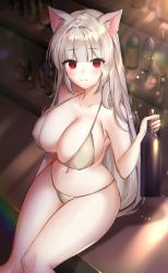 Rule 34 | 1girl, absurdres, alcohol, animal ears, bare arms, bare shoulders, bikini, bottle, breasts, cat ears, cleavage, collarbone, commission, desk, dungeon and fighter, covered erect nipples, grey bikini, halterneck, highres, holding, large breasts, long hair, looking at viewer, navel, on desk, poho, red eyes, shelf, silver hair, sitting, on desk, skindentation, smile, solo, stomach, string bikini, swimsuit, thighs, very long hair, wine bottle