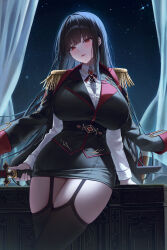 Rule 34 | 1girl, absurdres, ame 816, black coat, black garter straps, black hair, black skirt, black thighhighs, breasts, character request, coat, coat on shoulders, collared shirt, copyright request, curtains, epaulettes, garter straps, highres, huge breasts, indoors, leaning on object, long hair, long sleeves, military uniform, night, night sky, open mouth, red eyes, shirt, skindentation, skirt, sky, smile, solo, straight hair, thighhighs, uniform, weapon, weapon on back, white shirt