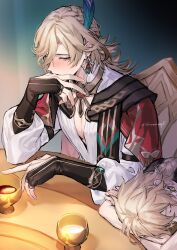 Rule 34 | 2boys, aether (genshin impact), blonde hair, blush, braid, chair, chalice, closed mouth, cup, earrings, feather hair ornament, feathers, genshin impact, hair between eyes, hair ornament, highres, jewelry, kaveh (genshin impact), long hair, long sleeves, looking at another, male focus, multiple boys, red eyes, single braid, sleeping, sleeping upright, sonomi, table, twitter username, upper body