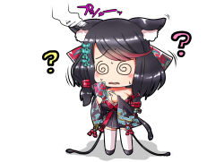 Rule 34 | 1girl, ?, @ @, animal ears, azur lane, black hair, black kimono, breasts, cat ears, cat girl, cellphone, chibi, cleavage, commentary request, fusou (azur lane), japanese clothes, kimono, large breasts, low twintails, medium breasts, nervous sweating, phone, ruuru (fruule), smartphone, sweat, twintails, wavy mouth