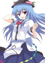 Rule 34 | 1girl, blue hair, blush, bow, food, fruit, hat, hinanawi tenshi, long hair, looking at viewer, open mouth, peach, rasahan, red eyes, simple background, smile, solo, touhou, white background