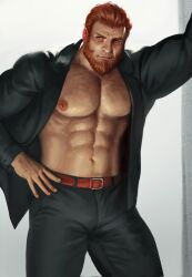 Rule 34 | 1boy, abs, bara, bare pectorals, beard, bulge, cowboy shot, dark-skinned male, dark skin, facial hair, fate/zero, fate (series), full beard, highres, iskandar (fate), jacket, large pectorals, light smile, looking to the side, male focus, mature male, muscular, muscular male, navel, nipples, no shirt, old, old man, pectorals, realistic, red eyes, red hair, short hair, solidbone, solo, standing, stomach, suit jacket, thick beard, thick thighs, thighs, wrinkled skin