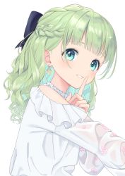 1girl :d absurdres bare_shoulders blue_eyes blue_hair blunt_bangs blush bow braid crown_braid curly_hair earrings finger_to_mouth floral_print frilled_shirt_collar frilled_sleeves frills green_hair grin hair_bow high_collar highres index_finger_raised jewelry long_hair looking_at_viewer multicolored_hair nail_polish open_mouth original outstretched_arm ren-da-min see-through_clothes see-through_sleeves shushing smile solo sparkle two-tone_hair