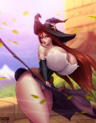 Rule 34 | 1girl, bare shoulders, barretxiii, breasts, cleavage, curvy, dragon&#039;s crown, hat, highres, huge breasts, long hair, looking at viewer, orange hair, parted lips, red eyes, solo, sorceress (dragon&#039;s crown), thick thighs, thighs, wind, witch hat