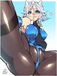 Rule 34 | 1girl, :q, armpits, ass, black pantyhose, blue eyes, blue gloves, braid, breasts, cameltoe, covered erect nipples, elbow gloves, closed eyes, gloves, heart, highres, izayoi sakuya, large breasts, leotard, licking lips, looking at viewer, maid headdress, pantyhose, silver hair, solo, spread legs, tajima yuuki, thighband pantyhose, tongue, tongue out, touhou