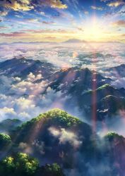 Rule 34 | cloud, commentary request, day, fog, forest, kami (yoshipt0716), landscape, mountain, nature, no humans, original, plant, scenery, sky, sun, sunlight, tree