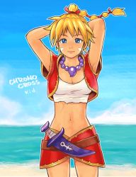 Rule 34 | 1girl, 8warebw, arms behind head, bare arms, beach, bead necklace, beads, blonde hair, blue eyes, breasts, character name, chrono cross, cleavage, cowboy shot, crop top, cropped jacket, dagger, facial mark, highres, jacket, jewelry, kid (chrono cross), knife, long hair, looking at viewer, medium breasts, midriff, miniskirt, multi-tied hair, navel, necklace, ocean, outdoors, ponytail, red jacket, red skirt, shirt, short sleeves, skirt, solo, weapon, white shirt