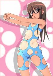 Rule 34 | 1girl, bad id, bad pixiv id, brown eyes, brown hair, bubble filter, bubbling, flat chest, fujisawa takashi, glasses, parody, solo, swimsuit, tan, tanline