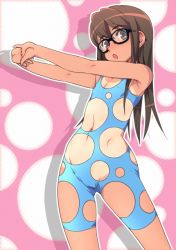 1girl bad_id bad_pixiv_id brown_eyes brown_hair bubble_filter bubbling female_focus flat_chest fujisawa_takashi glasses parody solo swimsuit tan tanline